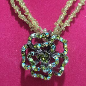 Multi Strand Green Beaded Necklace Detachable Floral Brooch Pendant